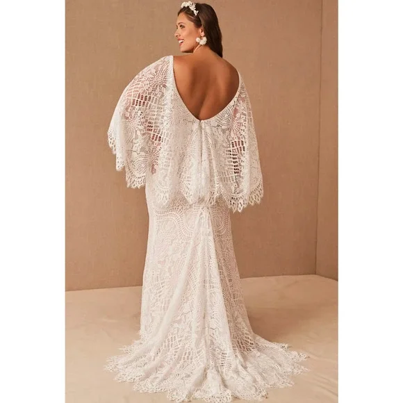 BHLDN Odalis Lace Wedding Gown Plus Size Boho Bridal Ivory Nude 16 - Picture 2 of 7